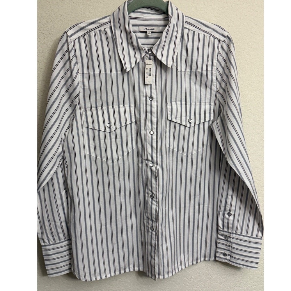 Madewell Womens 10 Striped Western Snap Front Shirt White Blue Long Sleeve NWT